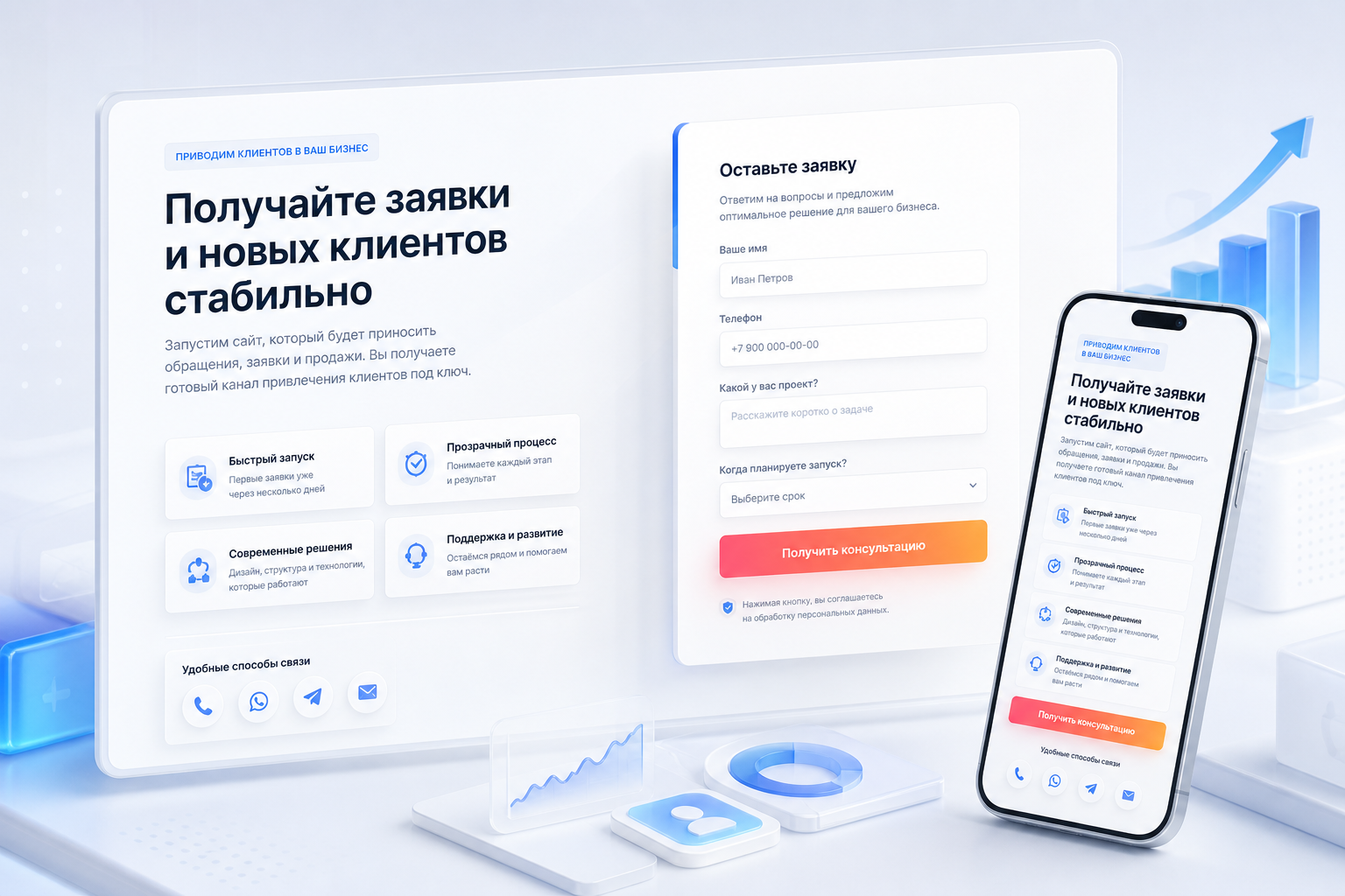 Сайт с формой заявки, быстрыми контактами и мобильной версией